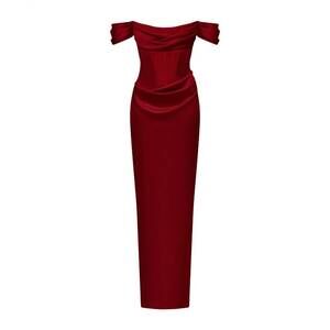 NEW RASARIO off-the-shoulder draped corset gown in burgundy